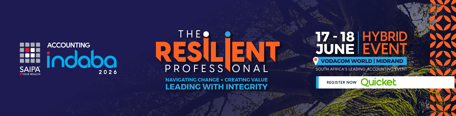 SAIPA Accounting Indaba 2025 - The Connected Professional. Unlocking the Formula for Success. Hybrid event on March 18 & 19, 2025. Register now on Quicket.